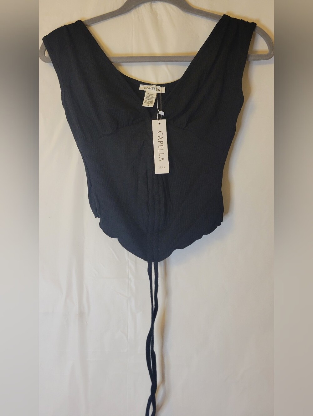 Capella Black Ribbed Scoop-Neck Drawstring Camisole Top